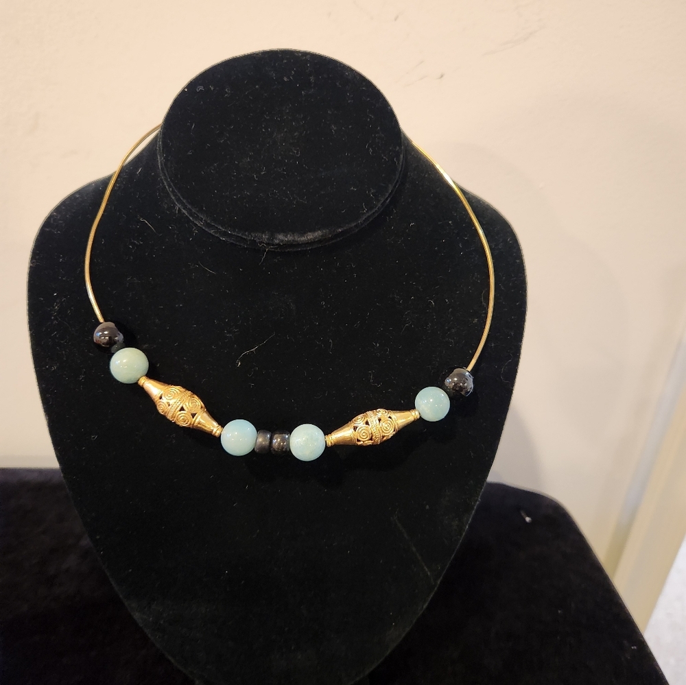 Pre Colombian elegant Gold plated and Green Beaded Necklace
